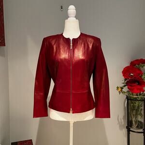 NEW Vakko VS2 Lamb Leather Classic Tailored Peplum Zip Collarless Jacket Red…